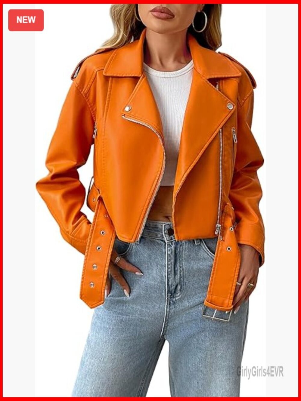 Faux Leather Cropped Jacket with Belt, Fitted Motor Biker Coat